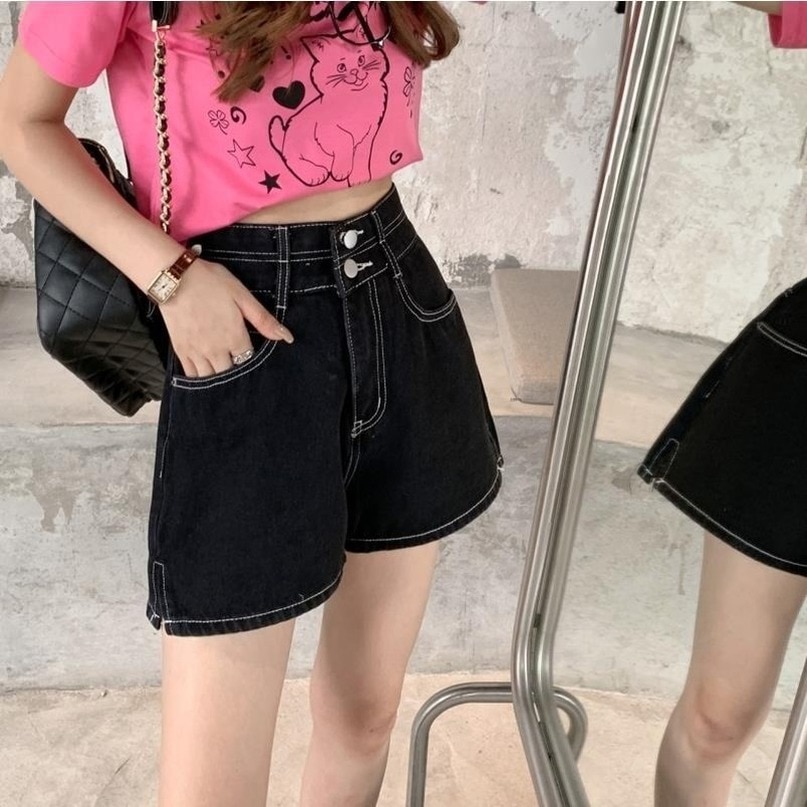 Women Shorts Side Slit Empire Retro Straight Denim Shorts Casual Buttons Summer Hot Jeans Pants Fashion Ulzzang Stud